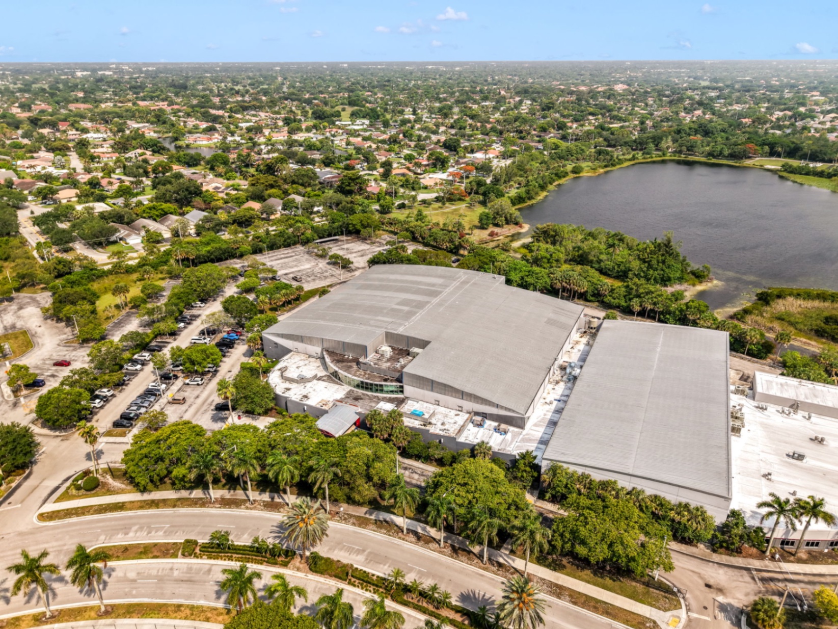 Aerial view of the Panthers Den arena and surrounding lake